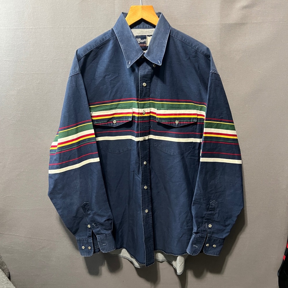 Wrangler Western Shirt Mens 17x35 Navy Blue Striped Long Sleeve Button Down